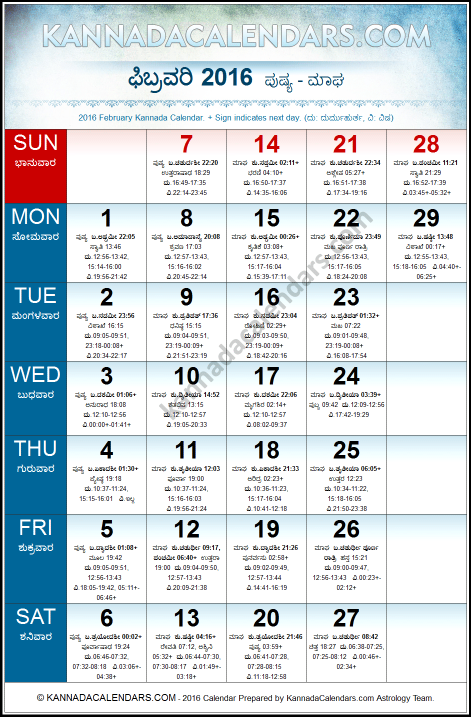 February 2016 Kannada Calendar