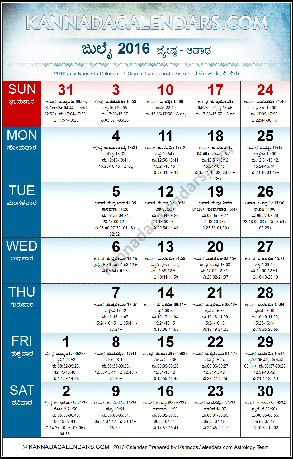 July 2016 Kannada Calendar