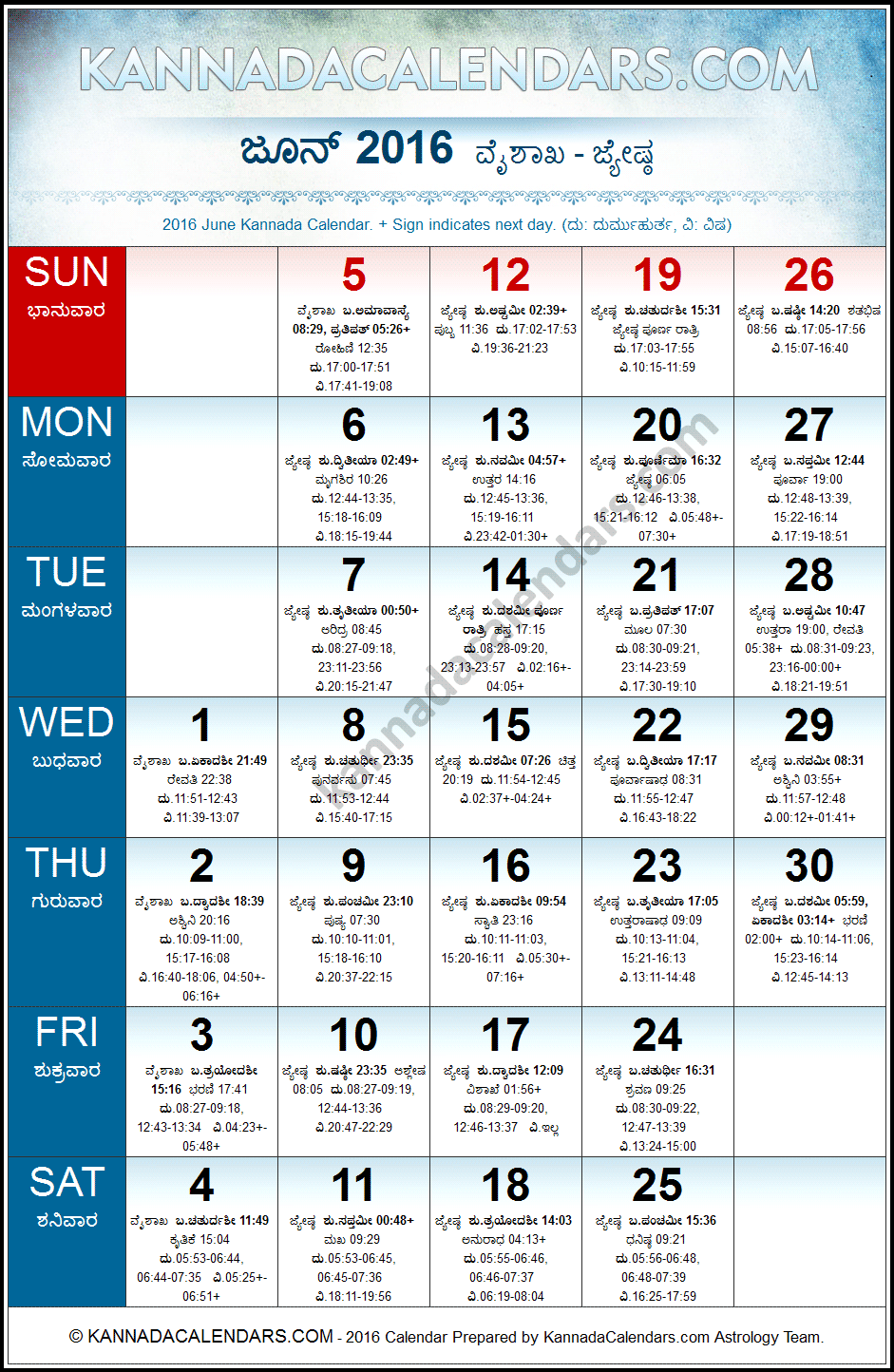 June 2016 Kannada Calendar
