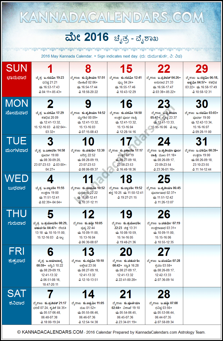 May 2016 Kannada Calendar