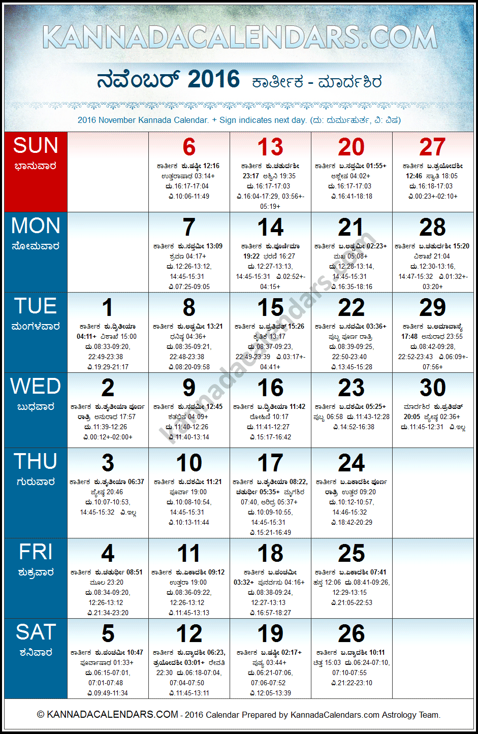 November 2016 Kannada Calendar