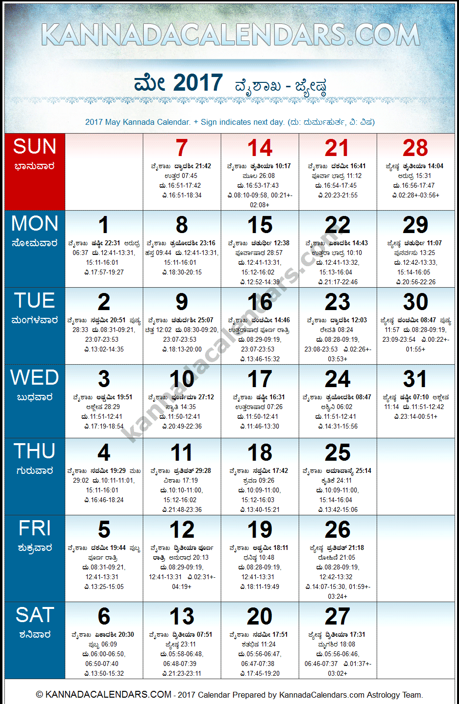 May 2017 Kannada Calendar