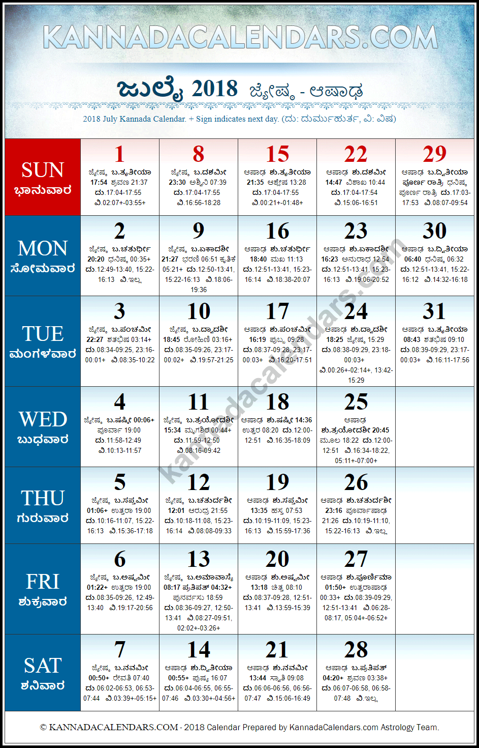 July 2018 Kannada Calendar