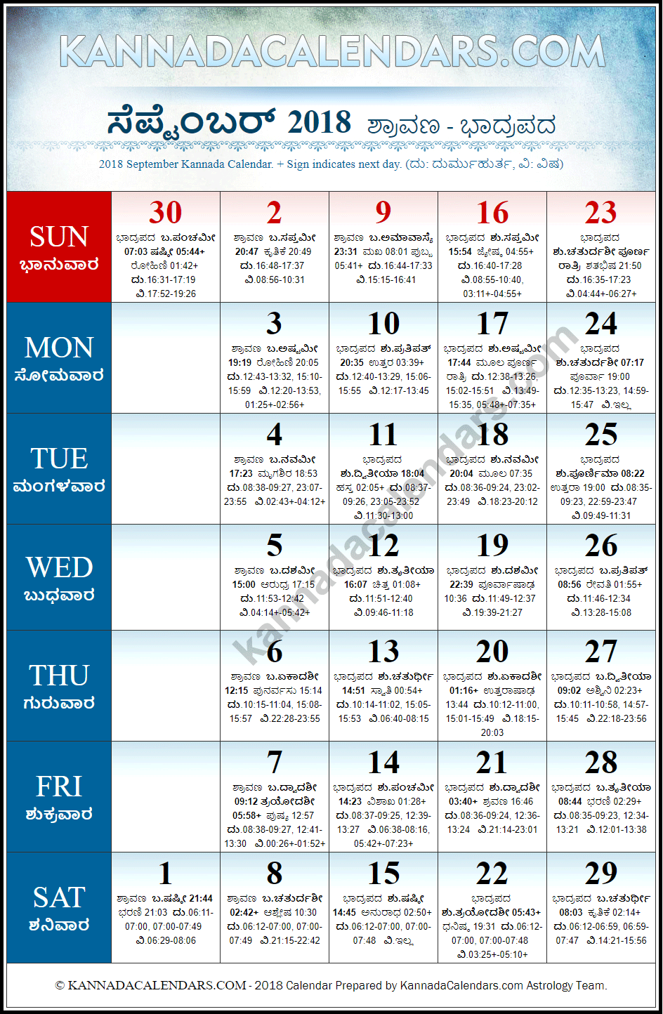 September 2018 Kannada Calendar