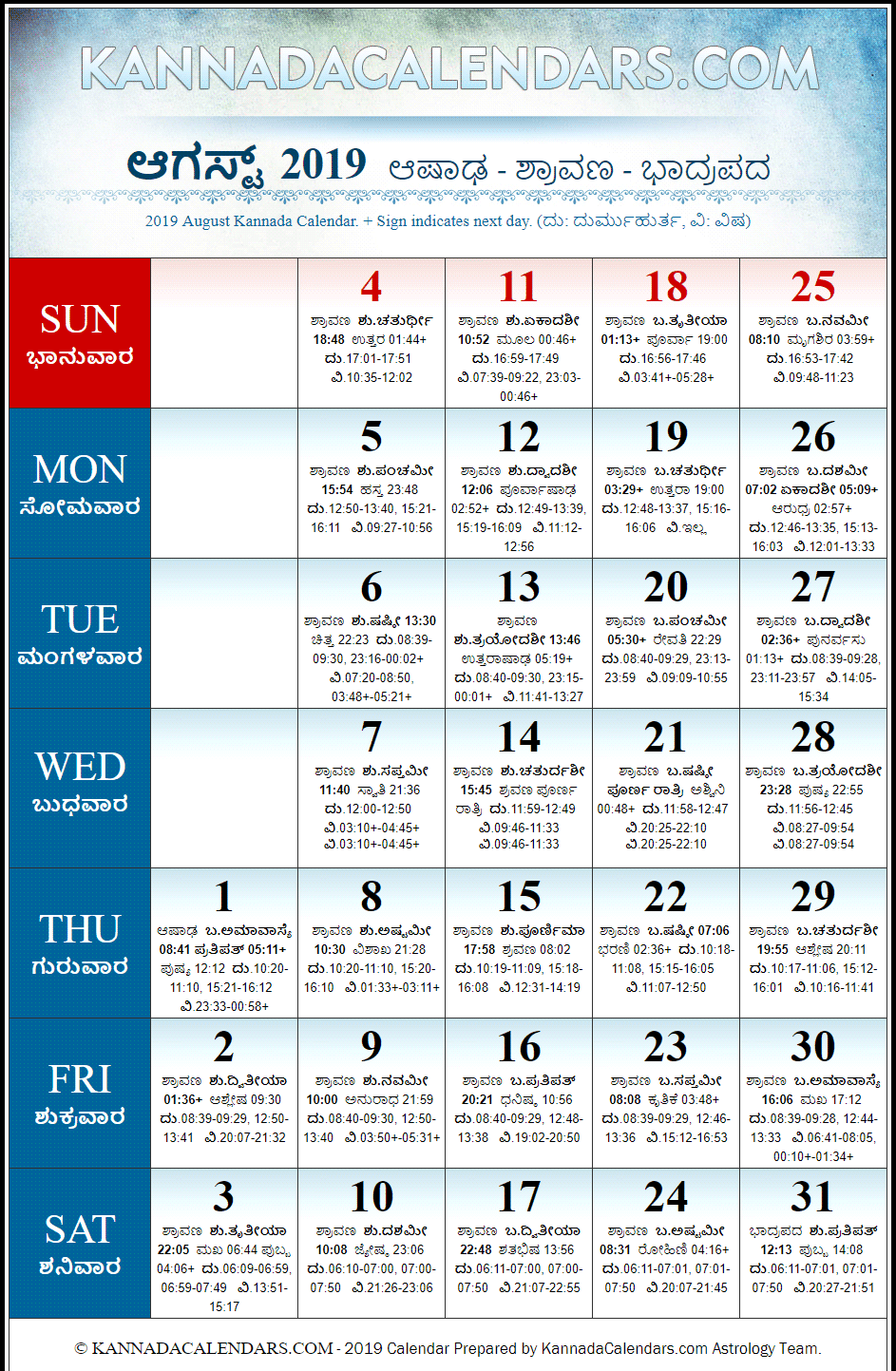 August 2019 Kannada Calendar
