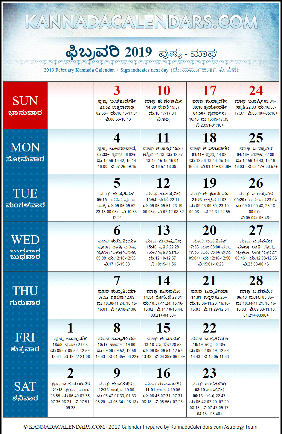 February 2019 Kannada Calendar