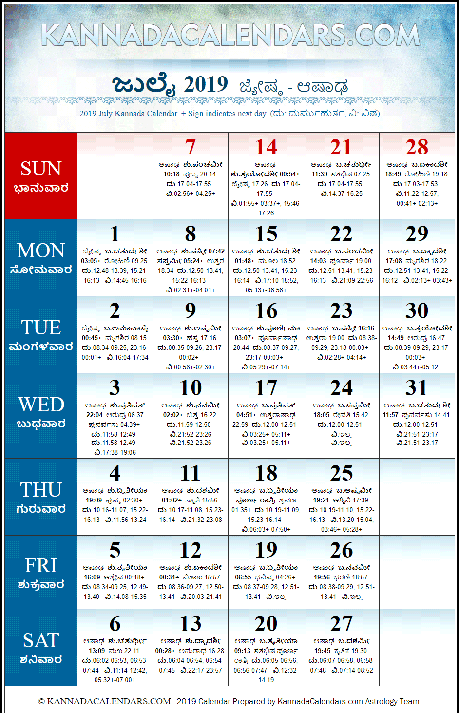 July 2019 Kannada Calendar