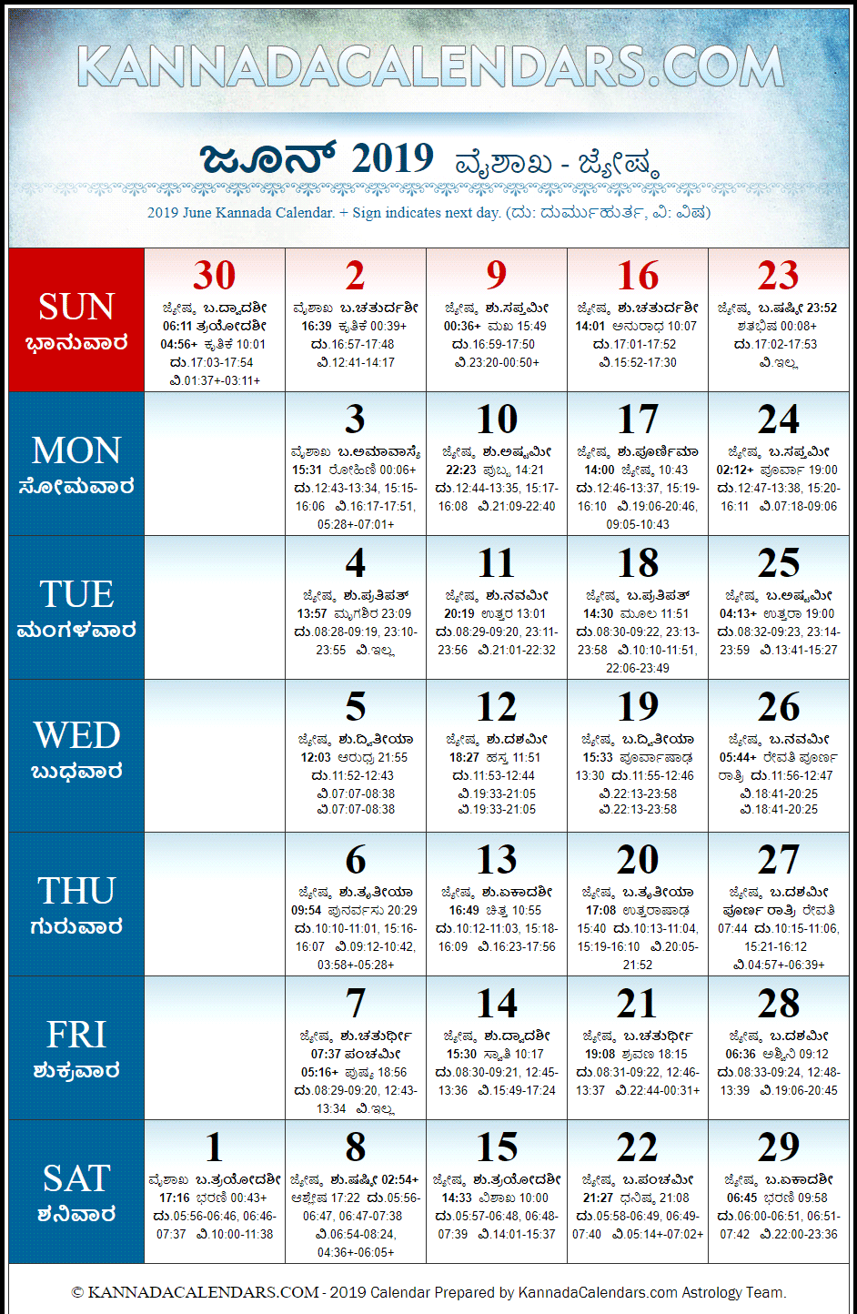 June 2019 Kannada Calendar