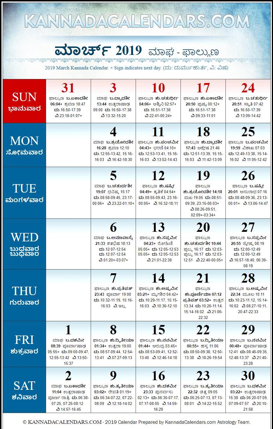 March 2019 Kannada Calendar