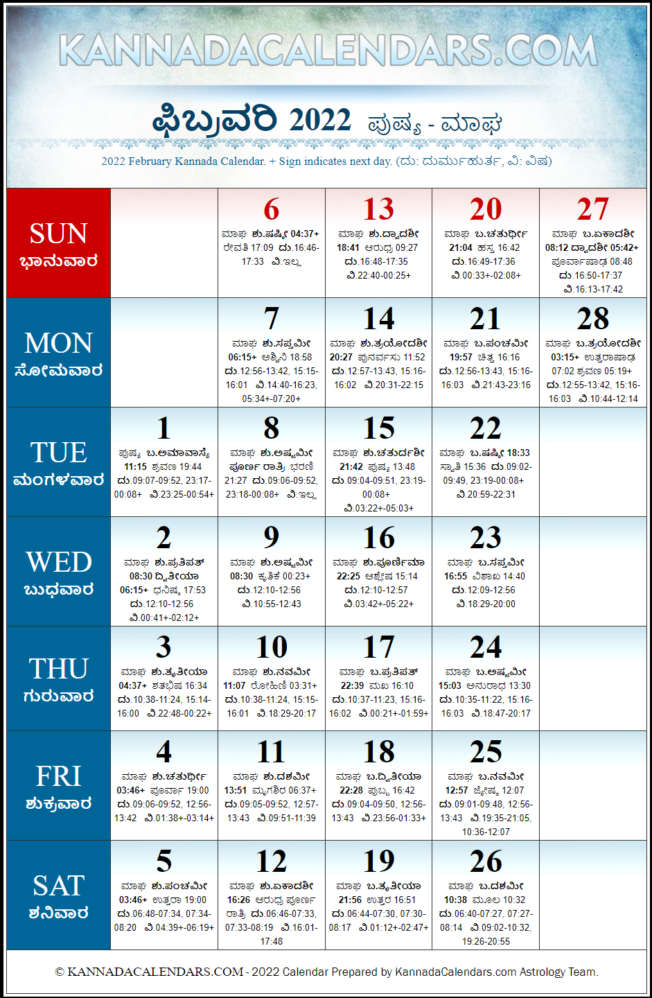February 2022 Kannada Calendar