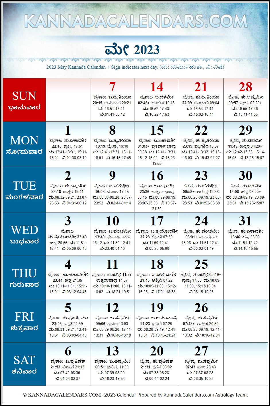 May 2023 Kannada Calendar