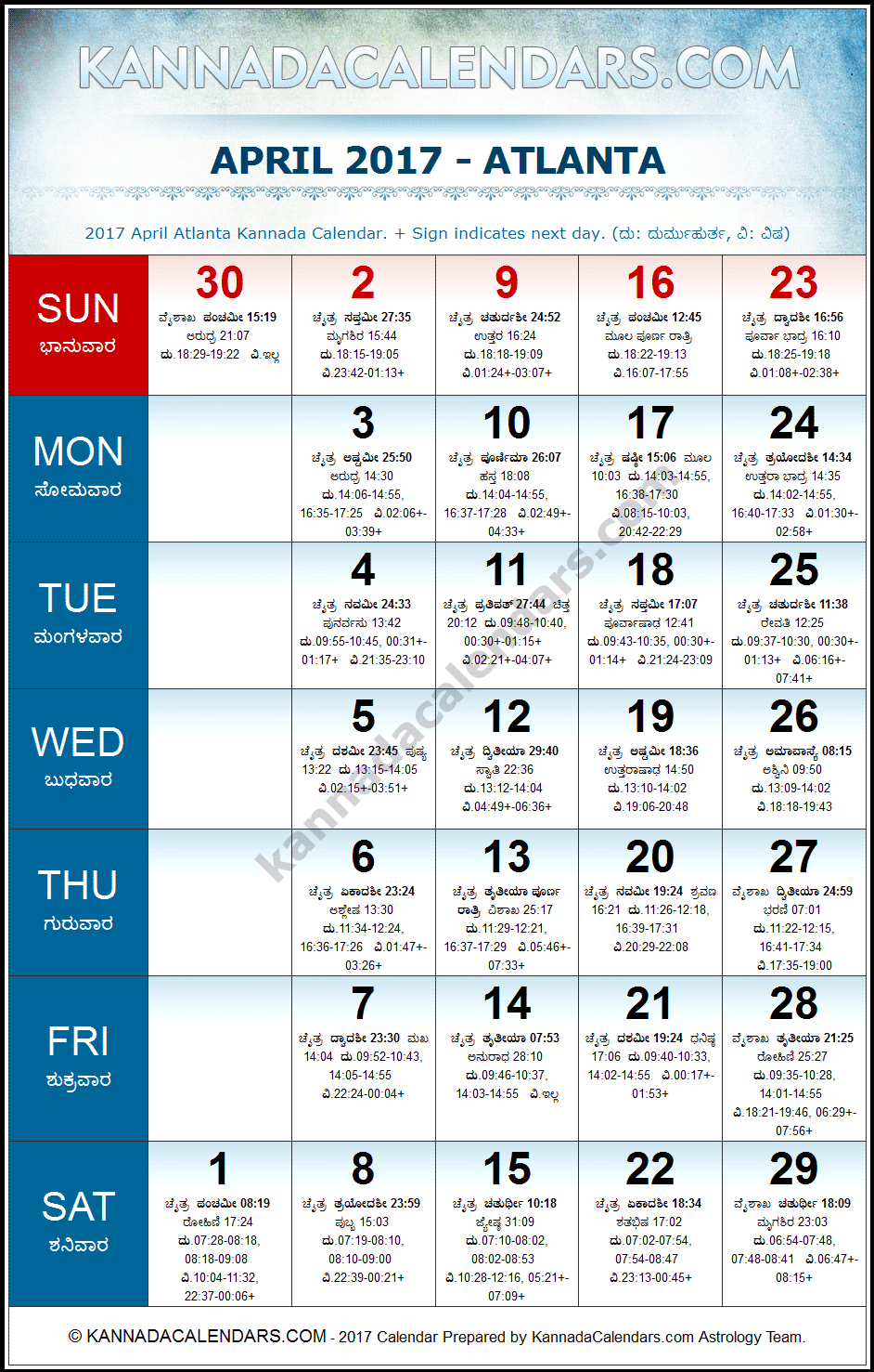 April 2017 Kannada Calendar for Atlanta, USA