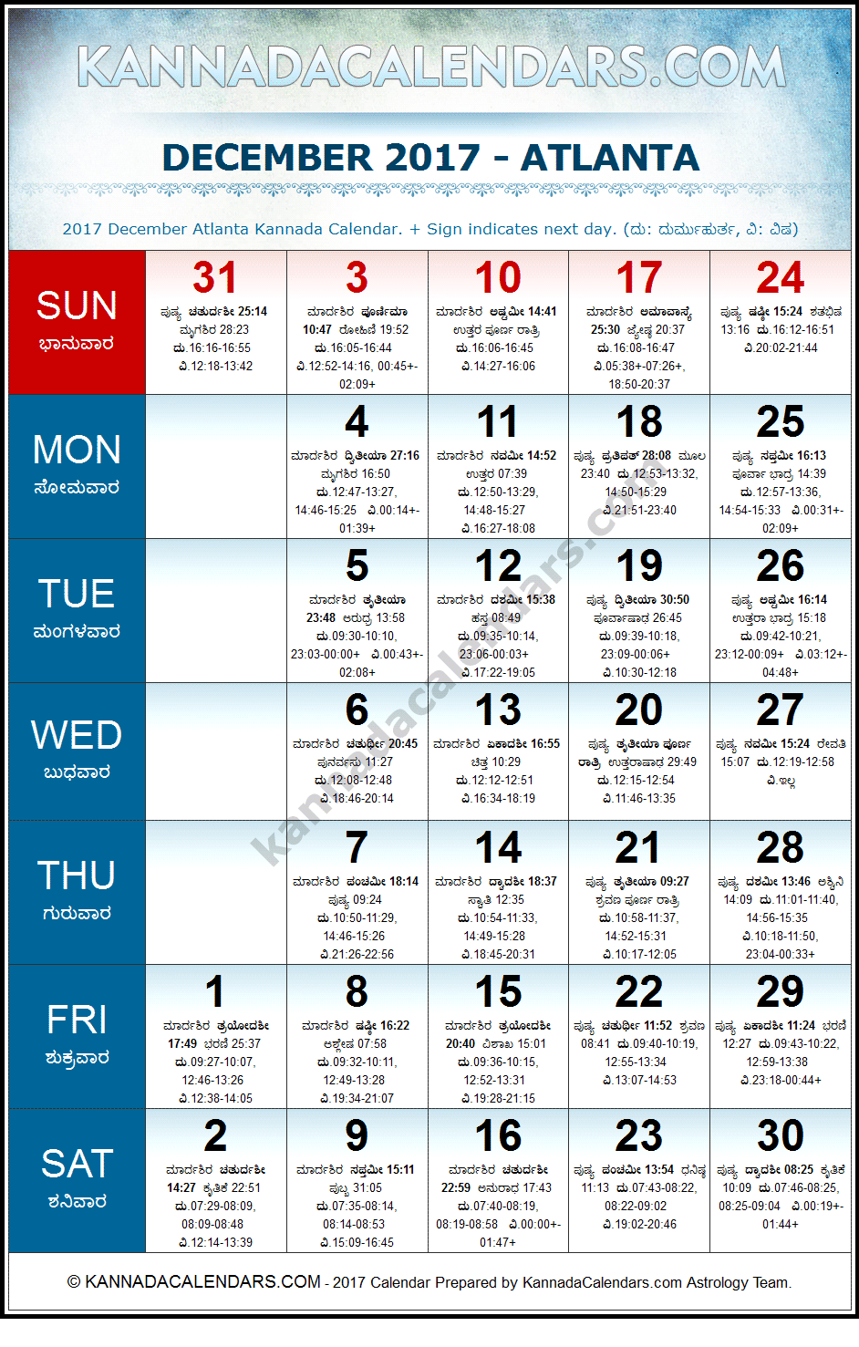 December 2017 Kannada Calendar for Atlanta, USA