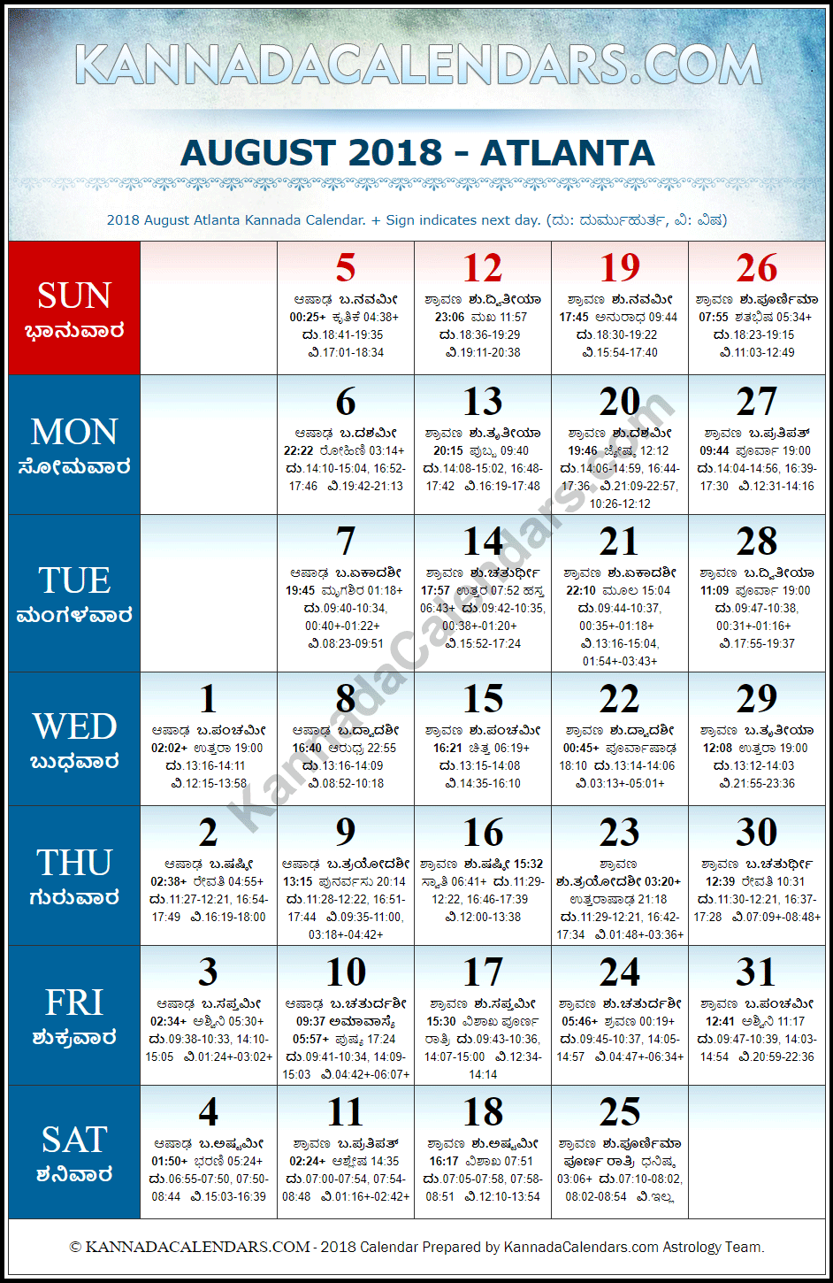 August 2018 Kannada Calendar for Atlanta, USA