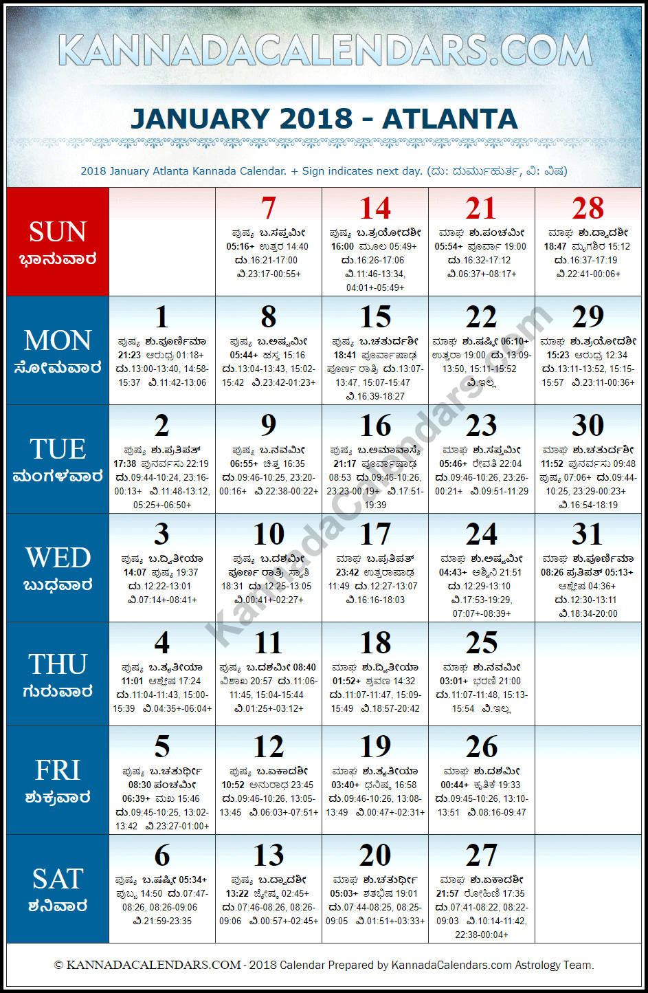 January 2018 Kannada Calendar for Atlanta, USA