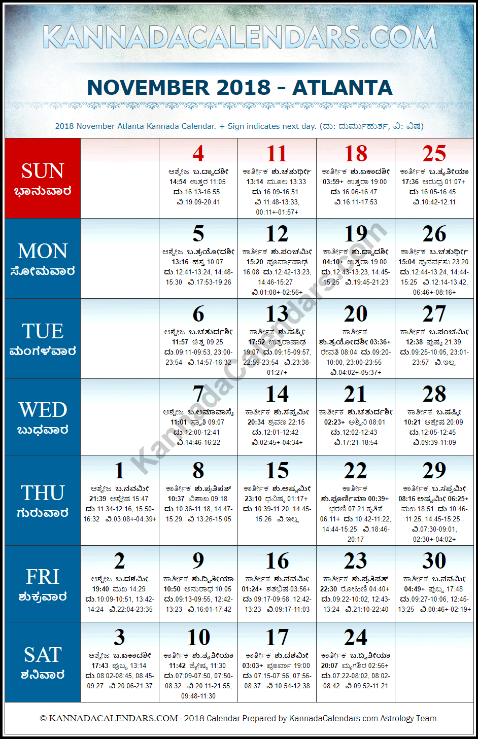 November 2018 Kannada Calendar for Atlanta, USA