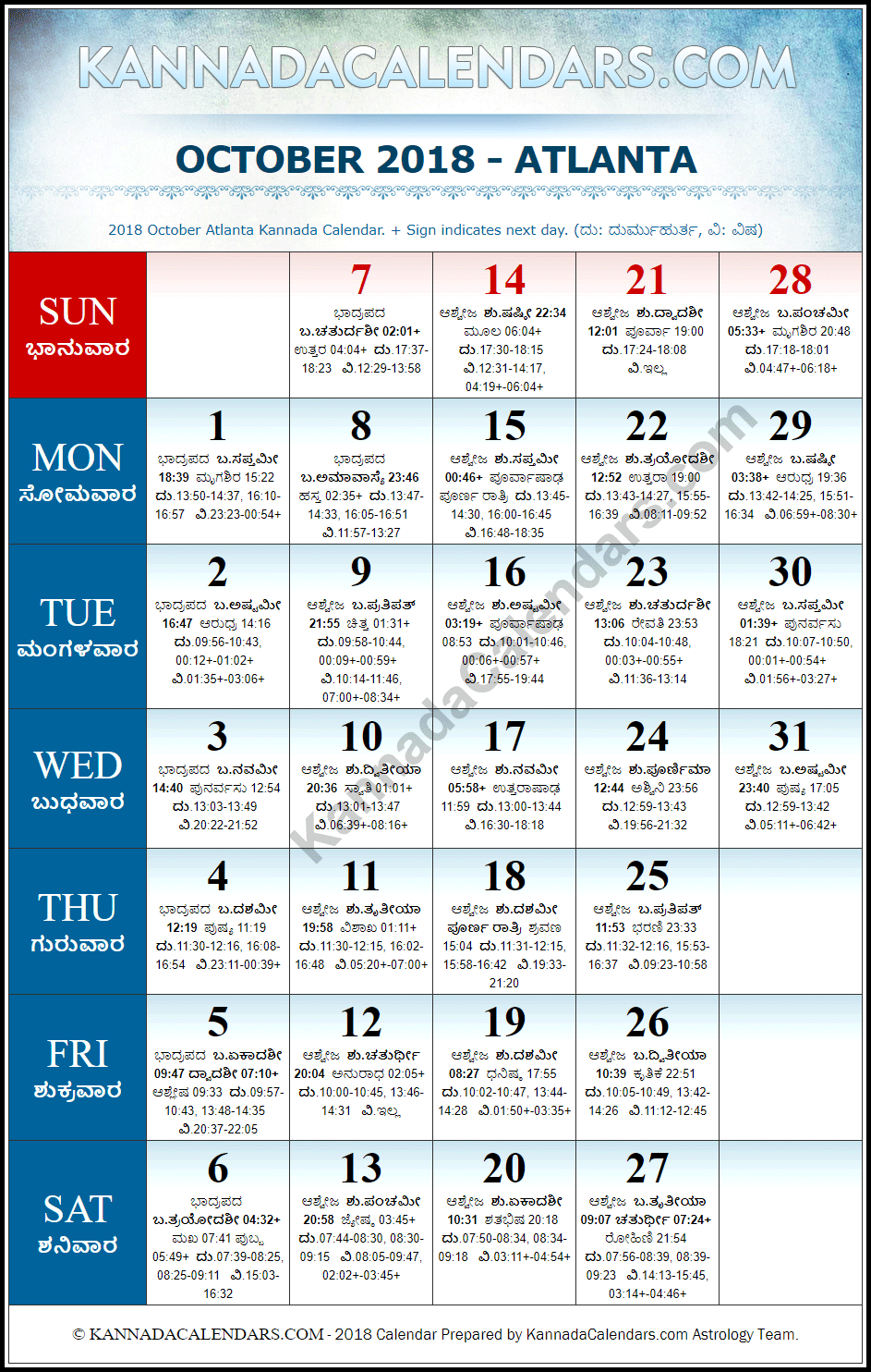 October 2018 Kannada Calendar for Atlanta, USA