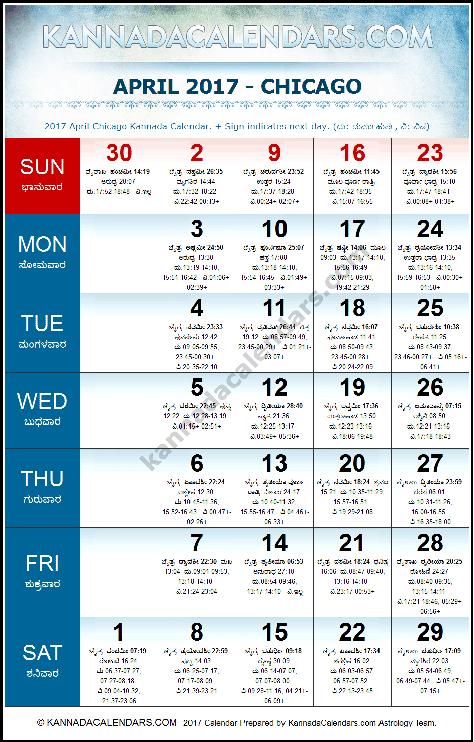April 2017 Kannada Calendar for Chicago, USA