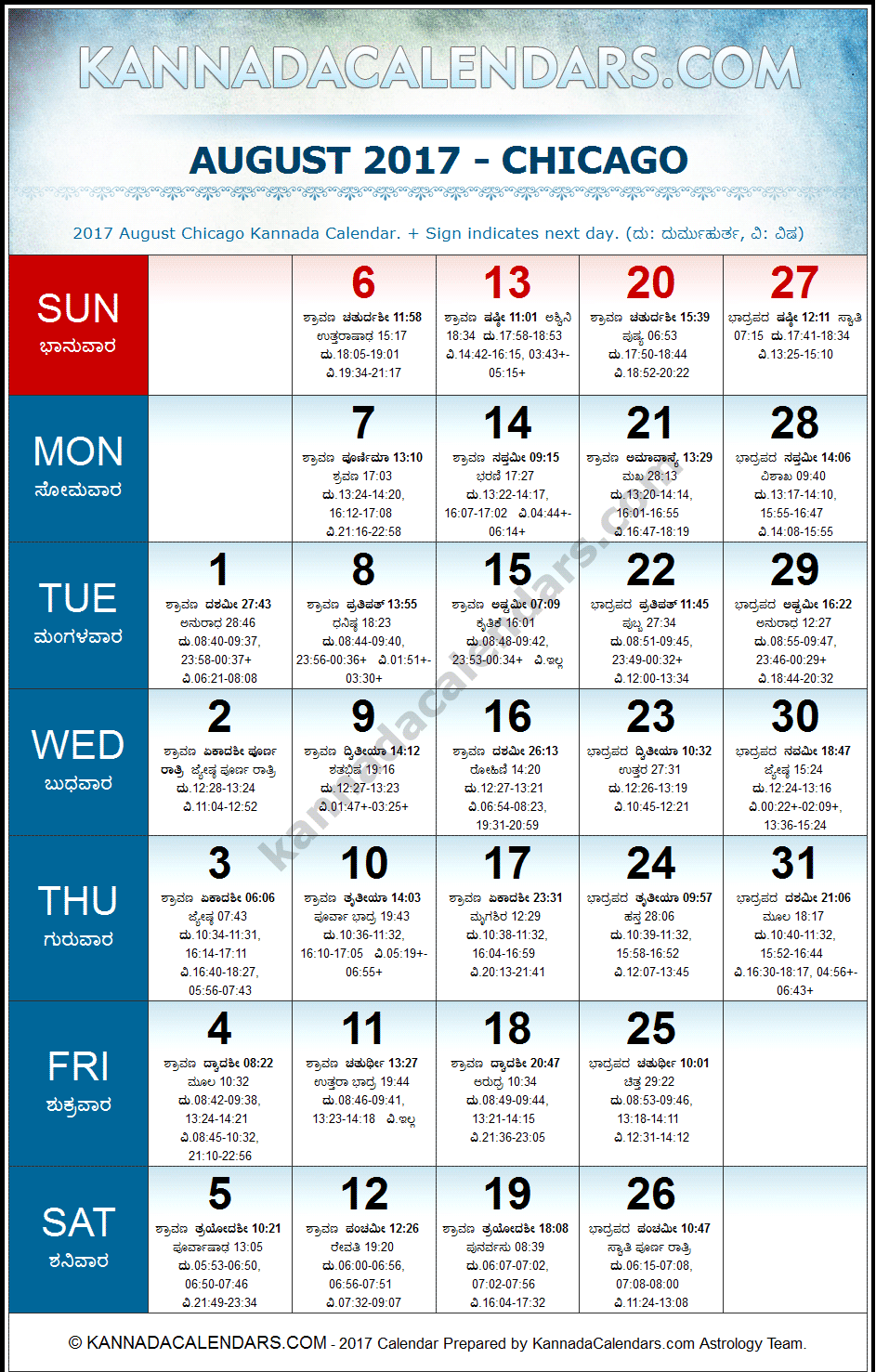 August 2017 Kannada Calendar for Chicago, USA