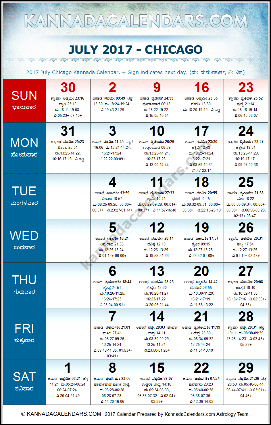 July 2017 Kannada Calendar for Chicago, USA