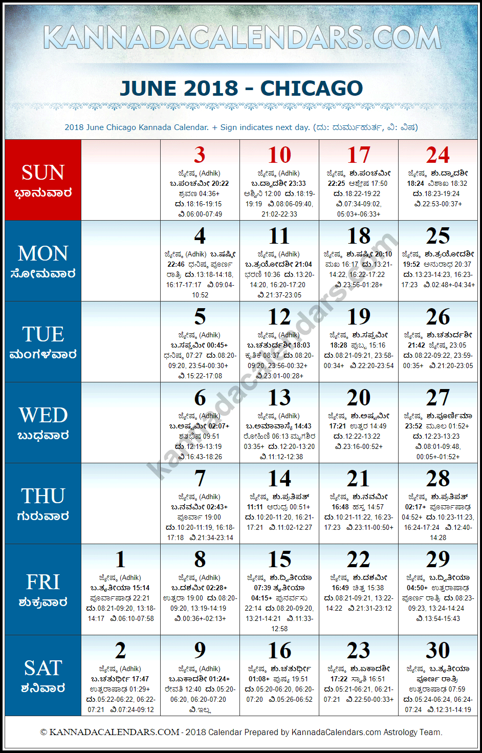 June 2018 Kannada Calendar for Chicago, USA