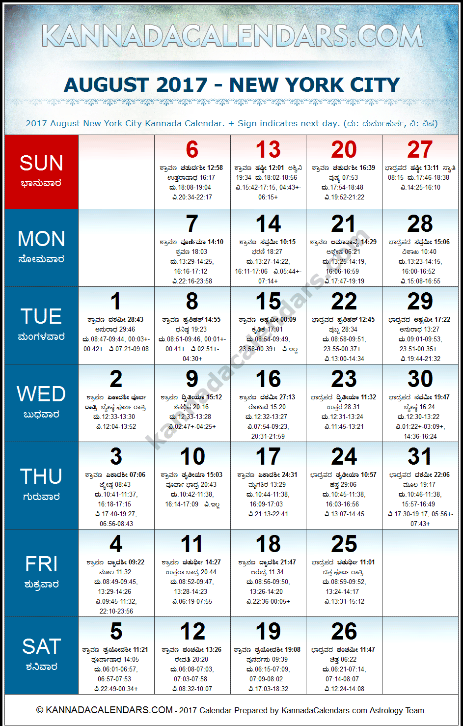 August 2017 Kannada Calendar for New York, USA
