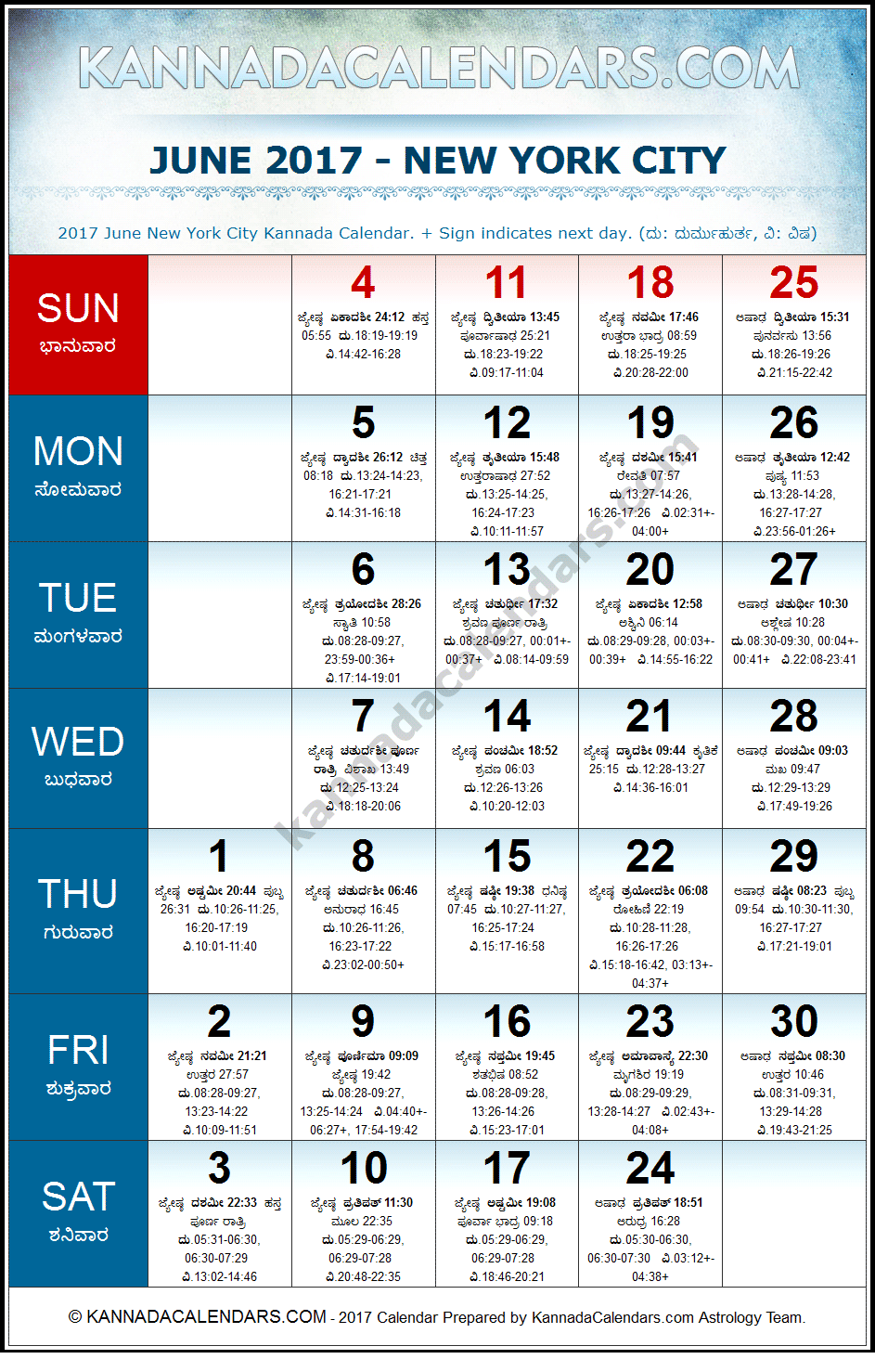 June 2017 Kannada Calendar for New York, USA
