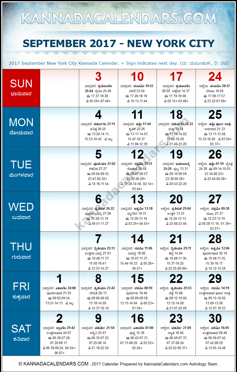 September 2017 Kannada Calendar for New York, USA