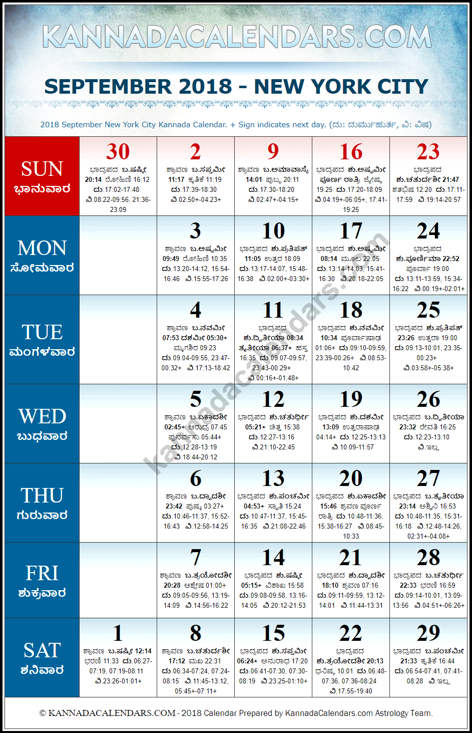 September 2018 Kannada Calendar for New York, USA
