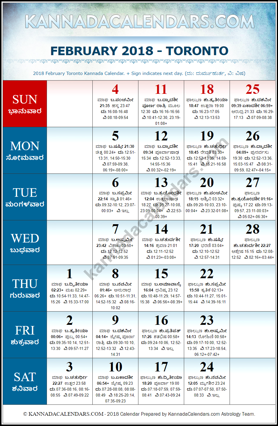 February 2018 Kannada Calendar for Toronto, Canada