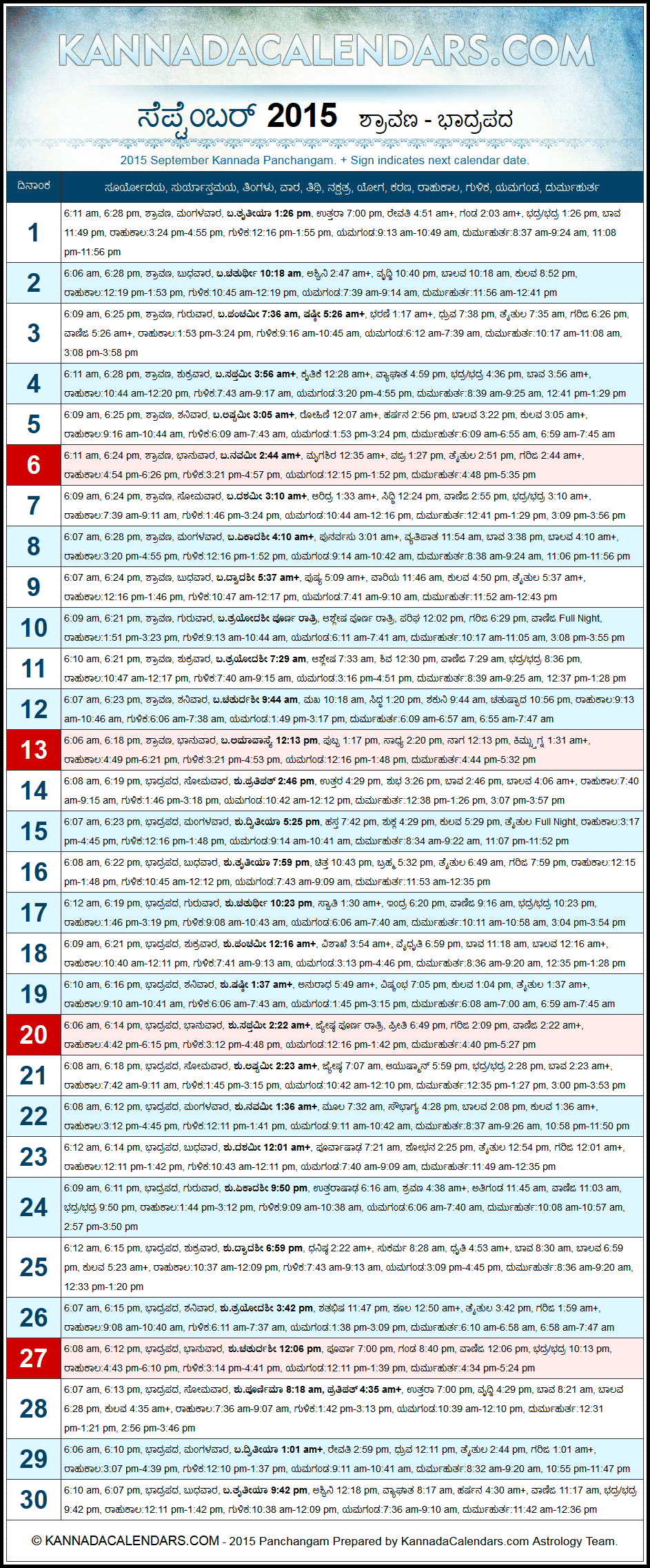 September 2015 Kannada Panchangam