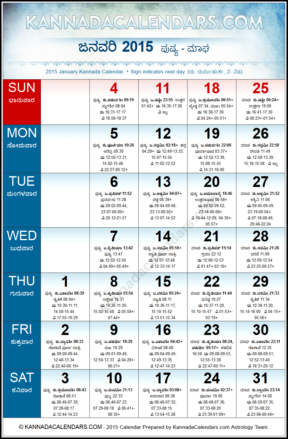January 2015 Kannada Calendar | Jaya Nama Samvatsaram Calendar ...