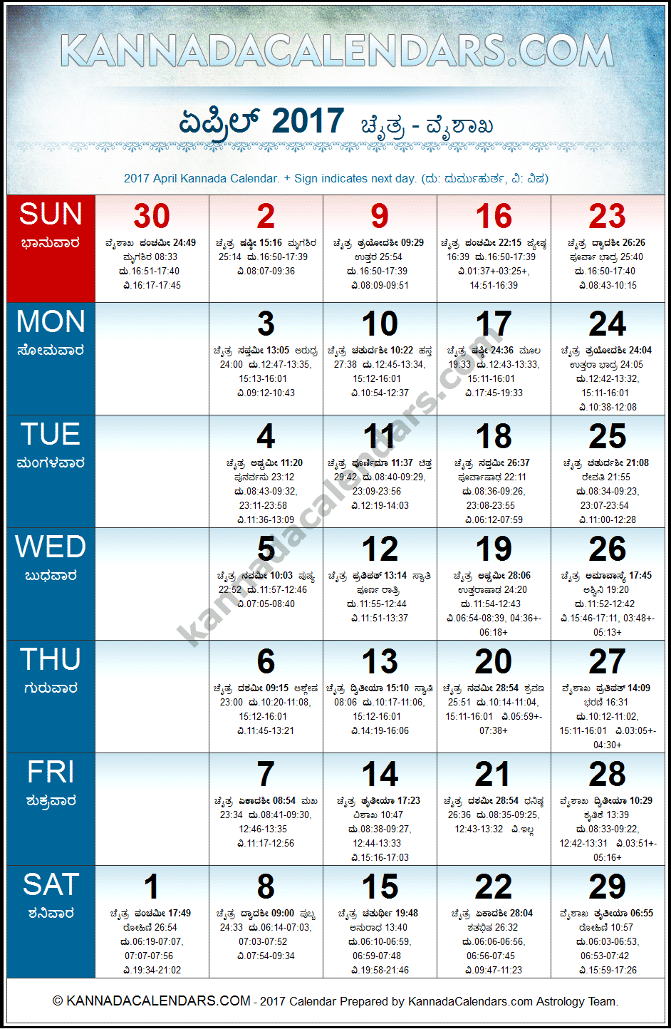 April 2017 Kannada Calendar, Hevilambi Nama Samvatsara Calendar