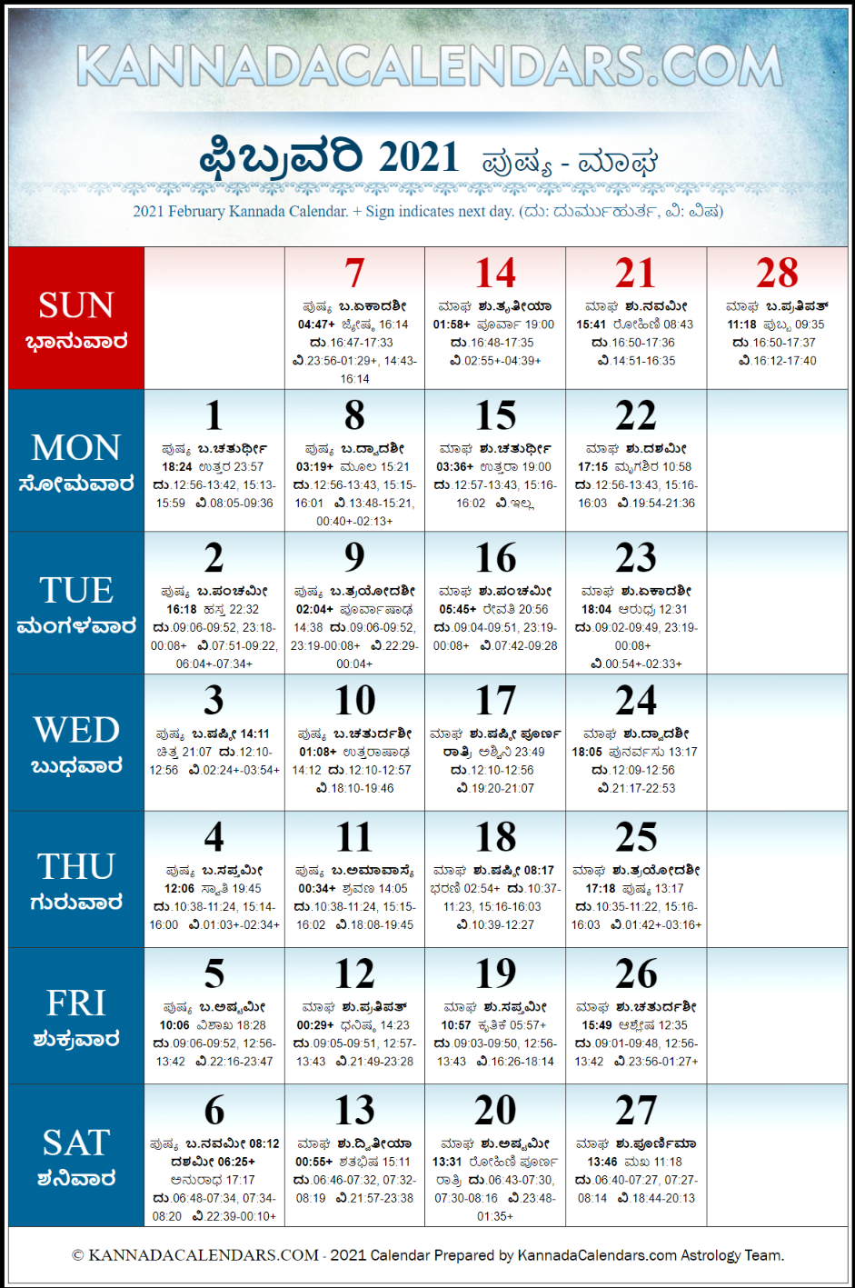 February 2021 Kannada Calendar