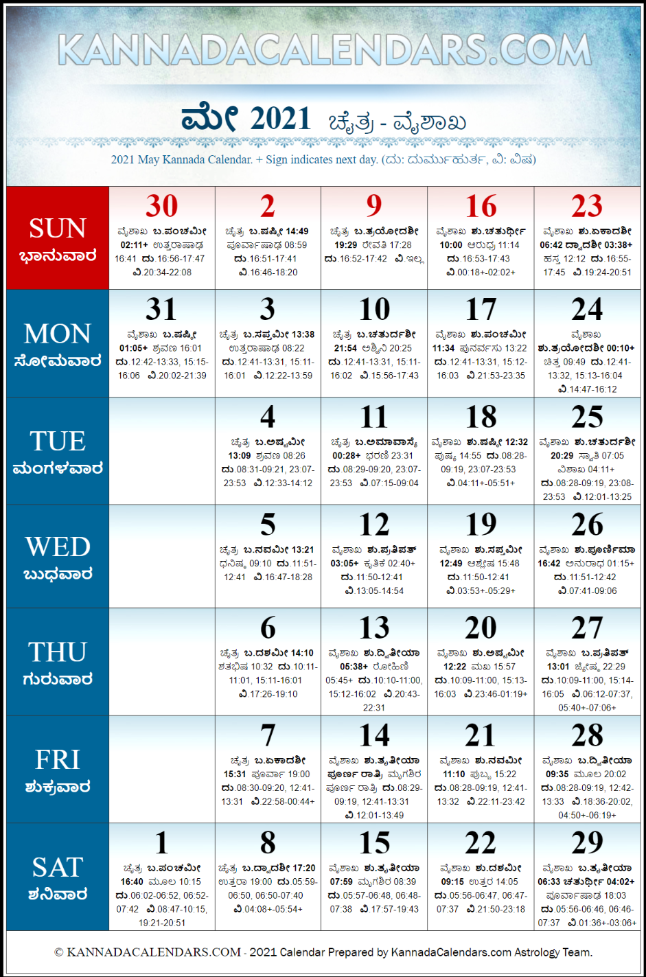 May 2021 Kannada Calendar