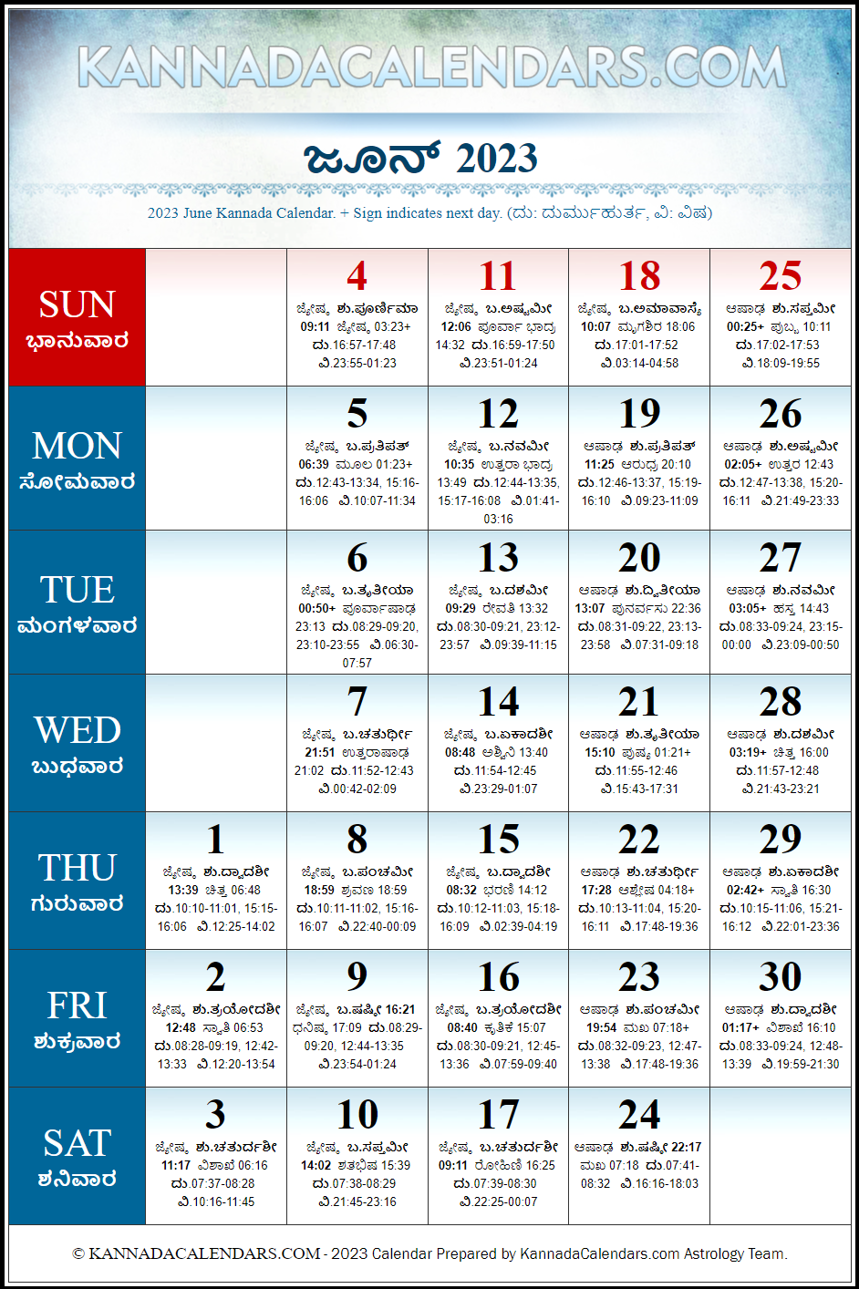 June 2023 Kannada Calendar Shobhkrita Nama Samvatsara Panchanga