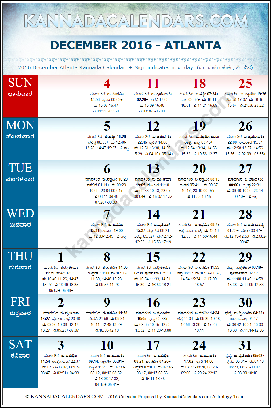 December 2016 Kannada Calendar for Atlanta, USA