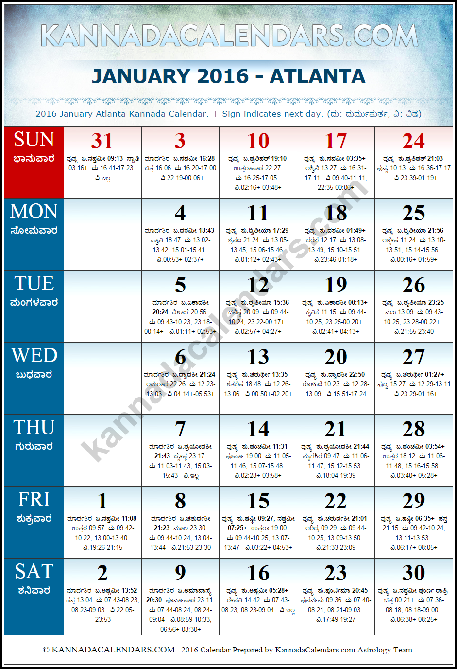 January 2016 Kannada Calendar for Atlanta, USA