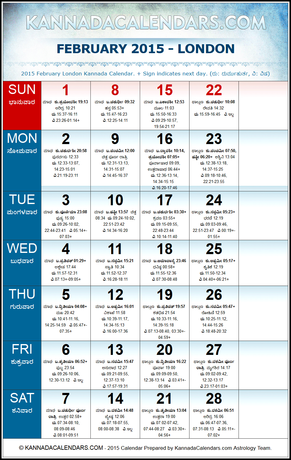 February 2015 Kannada Calendar for London, UK