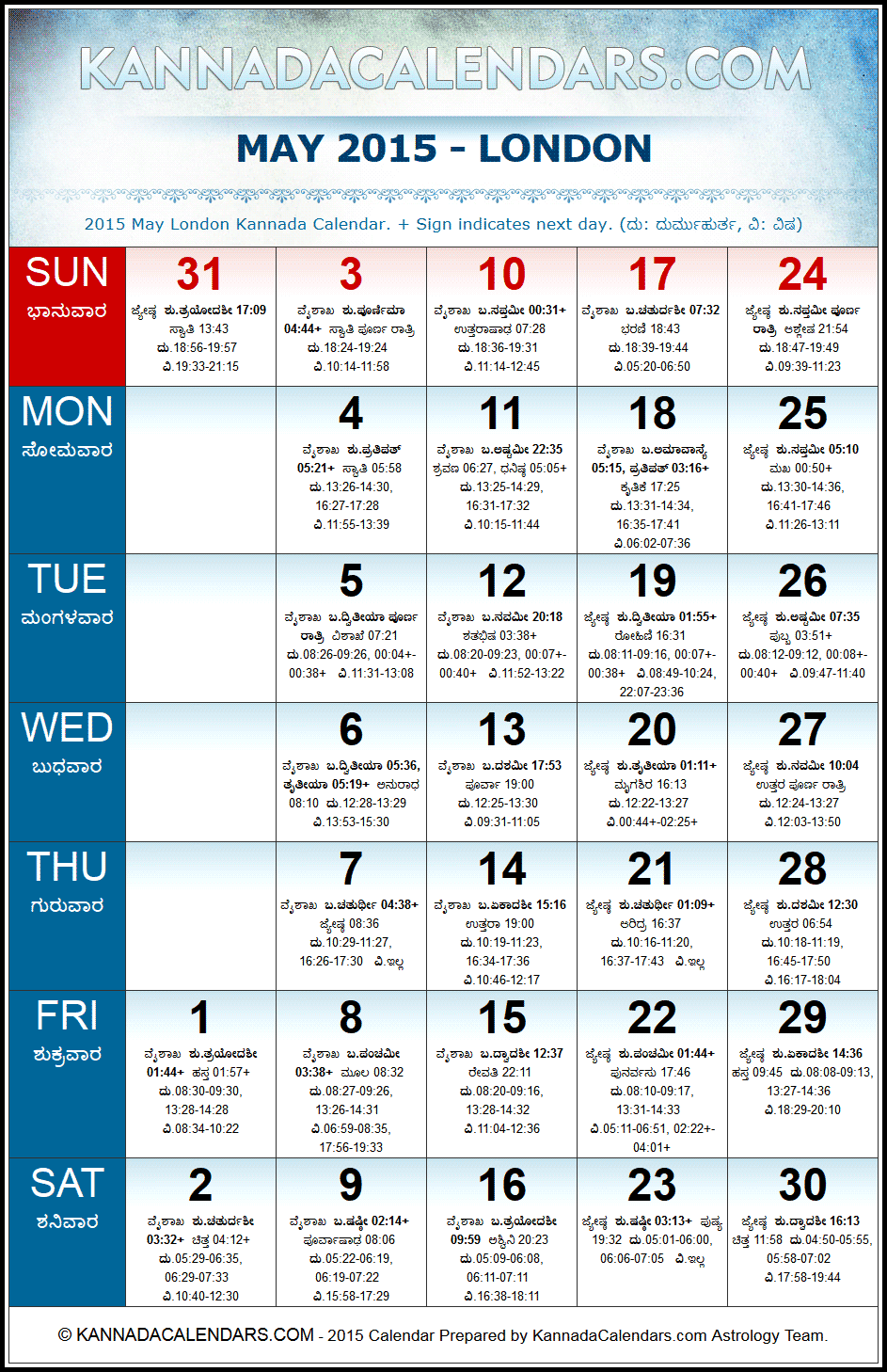 May 2015 Kannada Calendar for London, UK