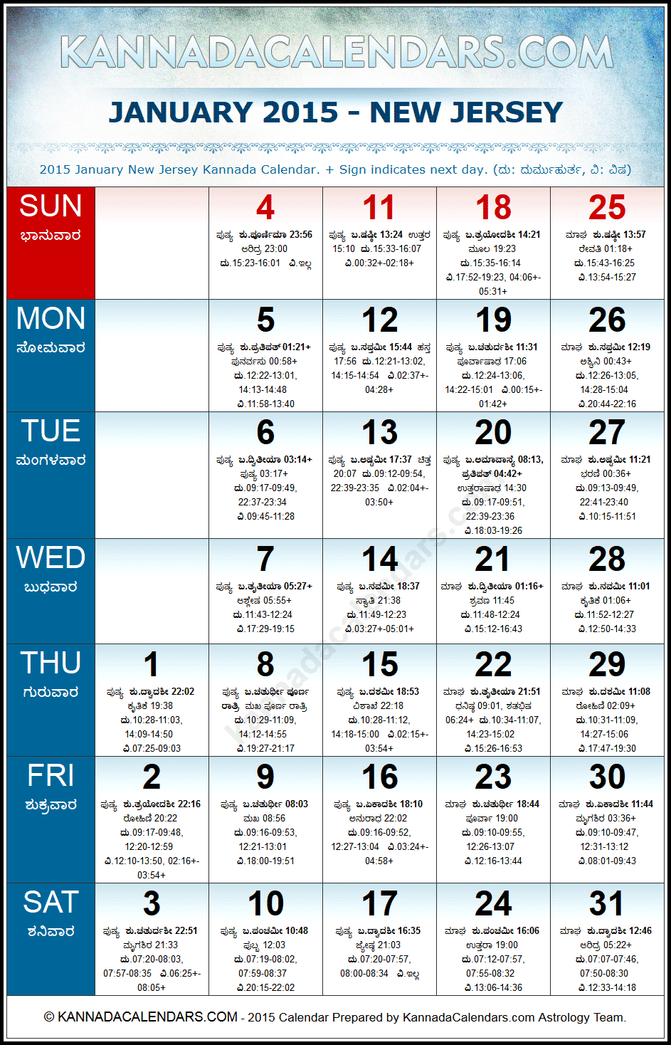 January 2015 Kannada Calendar for New Jersey, USA