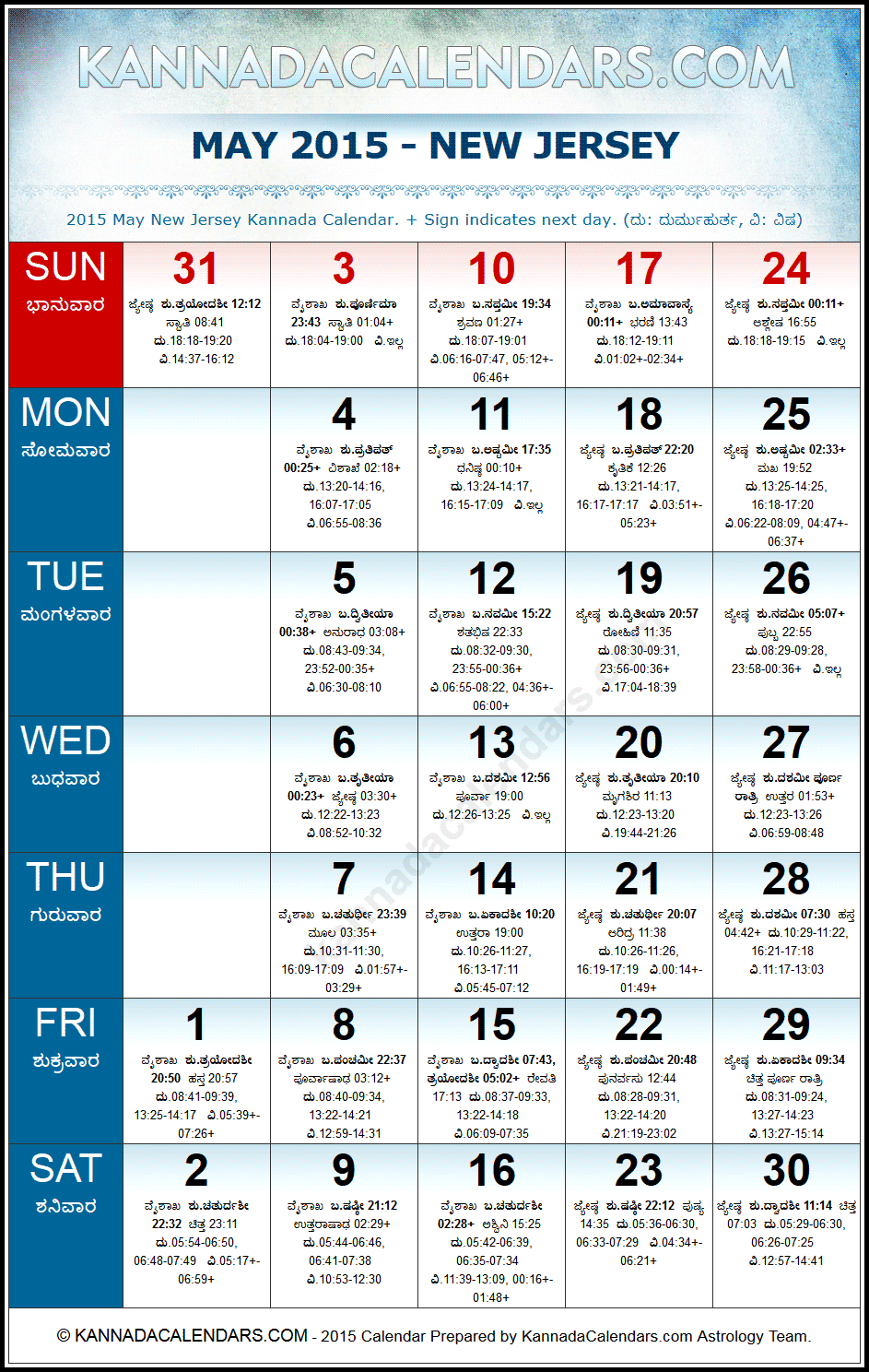 May 2015 Kannada Calendar for New Jersey, USA