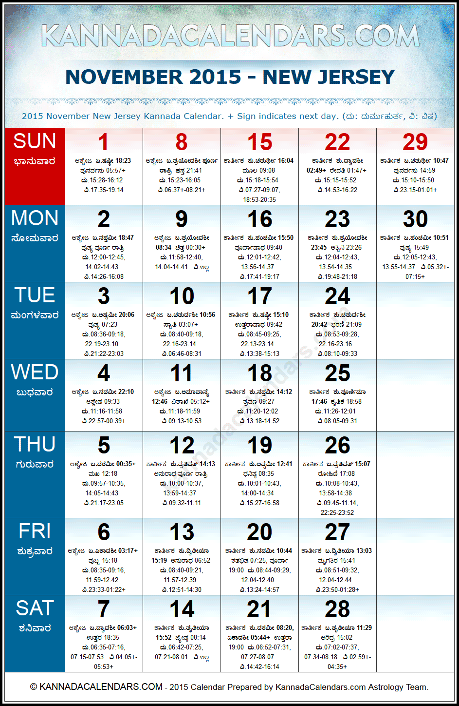 November 2015 Kannada Calendar for New Jersey, USA