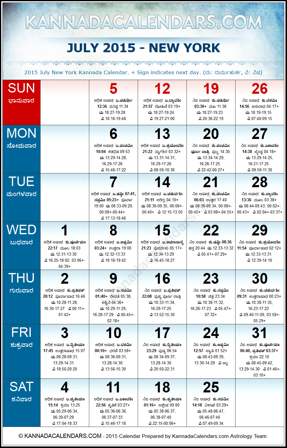 July 2015 Kannada Calendar for New York, USA