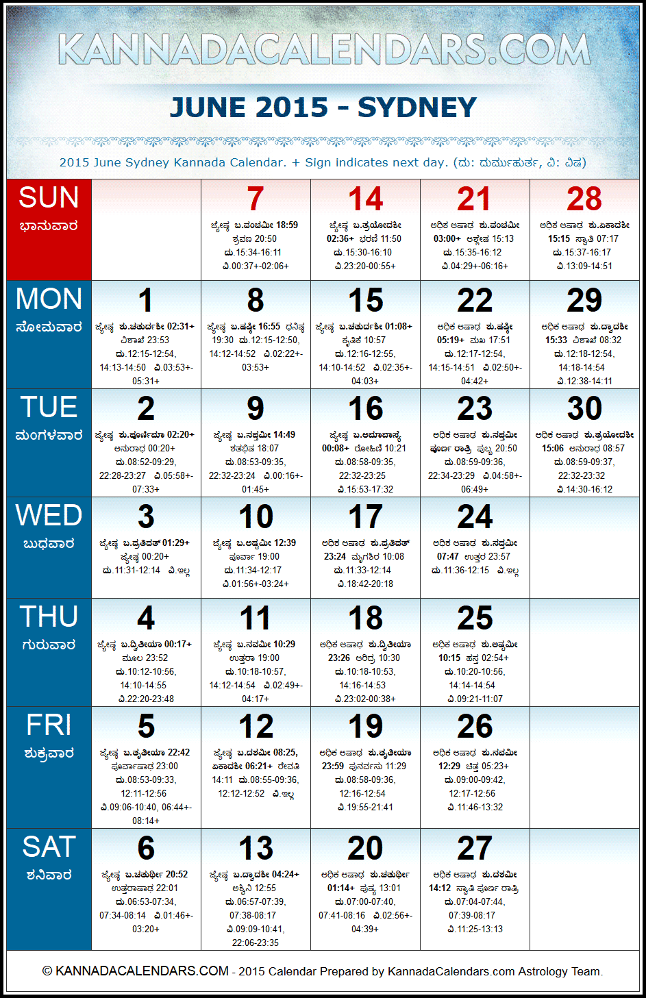June 2015 Kannada Calendar for Sydney, Australia